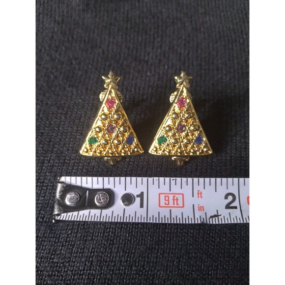 Vintage Gold Tone Rhinestones Christmas Tree Clip On Earrings Star on Top - Picture 4 of 7